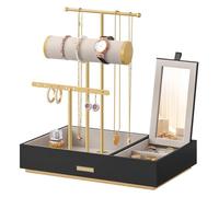 SONGMICS Jewellery Stand, Metal Jewellery Earring Organiser, Jewellery Display Stand with Mirror, with Earring Bracelet Holder, Necklace Stand, for Rings, Gift Idea, Black and Gold JJS022B01