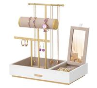 SONGMICS Jewellery Stand, Metal Jewellery Earring Organiser, Jewellery Display Stand with Mirror, with Earring Bracelet Holder, Necklace Stand, for Rings, Gift Idea, White and Gold JJS022W01