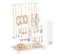 SONGMICS Jewellery Stand, Organiser with Metal Frame and Flocking Tray | Necklace Stand, Bracelet Earrings Holder, for Studs, Rings, Gift Idea, Matte White and Tan, CAELEY Collection JJS036WG03