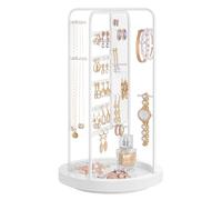 SONGMICS Jewellery Stand, Rotating Jewellery Display, 4 Independent Sections, Metal Frame, with Bottom Tray, Jewellery Organiser for Necklaces, Bracelets, Earrings, Rings, Gift Idea, White JJS023W01
