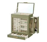 SONGMICS Jewelry Box with Glass Window, 5-Layer Jewelry Organizer with 3 Side Drawers, Jewelry Storage, with Big Mirror, Modern, 6.1 x 10.3 x 12.6 Inches, Sage Green and Metallic Gold UJBC162C02