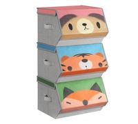 Set of 3 Stackable Toy Organiser Boxes with Lid, Pink + Blue + Green and Grey