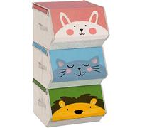 SONGMICS Kids Storage Organisers, Set of 3, Stackable Toy Boxes | Folding with Handles, Magnetic Lid, for Kid's Room, Playroom, Pink, Blue, Green and Grey, TEZA Collection RFB760P01