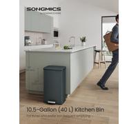 Songmics Kitchen Bin, 10.5 Gallon (40 L) Rubbish Bin, Large Step Bin With Lid, Steel, 15 Liner Bags Included, Charcoal Grey