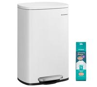 SONGMICS Kitchen Bin 13 Gallon (50 L), Pedal Rubbish Bin, Soft Close, Step-On Pedal, Steel, Inner Bucket, White LTB101W01