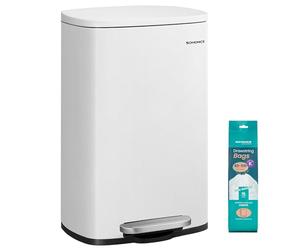 SONGMICS Kitchen Bin 13 Gallon (50 L), Pedal Rubbish Bin, Soft Close, Step-On Pedal, Steel, Inner Bucket, White LTB101W01