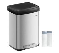 SONGMICS Kitchen Bin, 13 Gallon (50 L) Rubbish Bin, Metal Waste Pedal Bin with Lid, Tall and Large, Silver and Black LTB530E50