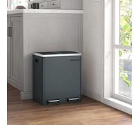 Songmics Kitchen Bin, 2 Compartments Double Bin For Recycling And Waste, Pedal Bin With Dual Compartments, Steel, Greenish Grey