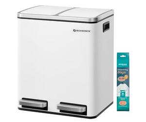 SONGMICS Kitchen Bin, 2 x 15 L Double Bin for Recycling and Waste, Pedal Bin, 15 Liners Included, Inner Buckets, Soft Close for Small Families, Steel, Cloud White LTB30WT