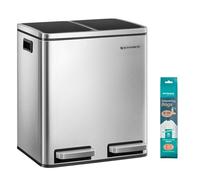 SONGMICS Kitchen Bin, 2 x 15 L Double Pedal Bin, Stainless Steel | 15 Liners Included, Inner Buckets, Soft Close for Small Spaces, Plastic, Silver and Ink Black, Pary Collection, LTB30H