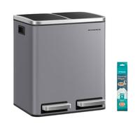 SONGMICS Kitchen Bin, 2 x 15 L Double Pedal Bin, Steel | 15 Liners Included, Inner Buckets, Soft Close for Small Spaces, Plastic, Grey and Black, Pary Collection, LTB030G01