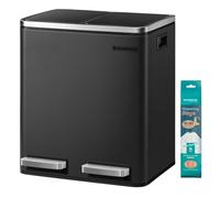 SONGMICS Kitchen Bin, 2 x 15 L Double Pedal Bin, Steel | 15 Liners Included, Inner Buckets, Soft Close for Small Spaces, Steel, Ink Black, Pary Collection, LTB30BK