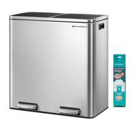 SONGMICS Kitchen Bin, 2 x 30 L Double Pedal Bin, Stainless Steel | 15 Liners Included, Inner Buckets, Soft Close for Small Spaces, Plastic, Silver and Ink Black, Pary Collection, LTB60NL