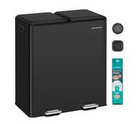 SONGMICS Kitchen Bin, 2 x 8 Gallon (2 x 30 L) Double Rubbish Bin for Waste and Recycling, with Soft-Close Lids, Removable Inner Buckets, Pedals, Steel, Ink Black LTB743B02