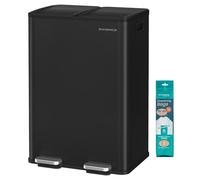 SONGMICS Kitchen Bin, 2 x 8 Gallon (2 x 30 L) Dual-Compartment Pedal Rubbish Bin with Soft-Close Lid and Inner Buckets, Steel, Includes 15 Liner Bags, Ink Black LTB741B02