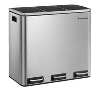 SONGMICS Kitchen Bin, 3 x 18 L Recycling Bin, 3 Compartment Rubbish Bin for Recycling and Waste, 15 Liners Included, Soft-Close Lids, Pedals, Inner Buckets, Steel, Metallic Silver LTB54NL