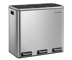 SONGMICS Kitchen Bin, 3 x 18 L Recycling Bin, 3 Compartment Rubbish Bin for Recycling and Waste, 15 Liners Included, Soft-Close Lids, Pedals, Inner Buckets, Steel, Metallic Silver LTB54NL