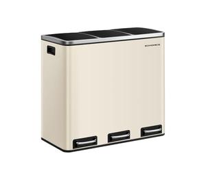 SONGMICS Kitchen Bin, 3 x 18 L Recycling Bin, 3 Compartment Rubbish Bin for Recycling, Waste, Food Scraps, 15 Liners Included, Soft-Close Lids, Pedals, Inner Buckets, Steel, Sand Beige LTB054A02