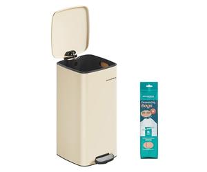 SONGMICS Kitchen Bin, 30L Steel Pedal Bin | Trash Bin, with Inner Bucket, Soft Close and Stays Open, Pale Gold and Ink Black, PLUSHIC Collection LTB593A02