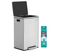 SONGMICS Kitchen Bin 50 L, with 15 Bin Bags, Stainless Steel, Removable Plastic Inner Bucket, with Lid, Handles, Soft Close, Silver LTB595E01