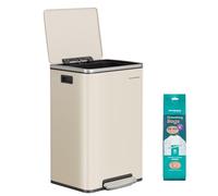 SONGMICS Kitchen Bin 50 L, with 15 Bin Bags, Steel, Removable Plastic Inner Bucket, with Lid, Handles, Soft Close, Cream LTB595A02