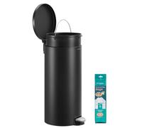 SONGMICS Kitchen Bin, Round Trash Bin with 15 Trash Bags, Metal Pedal, Removable Plastic Inner Bucket, Handle, Soft-Close Lid, Steel, 8 Gallons (30 L), Ink Black LTB031BZ02