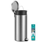SONGMICS Kitchen Bin, Round Trash Bin with 15 Trash Bags, Metal Pedal, Removable Plastic Inner Bucket, Handle, Soft-Close Lid, Stainless Steel, 8 Gallons (30 L), Silver LTB031EZ02
