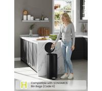 Songmics Kitchen Bin, Round Trash Bin With 15 Trash Bags, Metal Pedal, Removable Plastic Inner Bucket, Steel, 8 Gallons (30 L), Ink Black