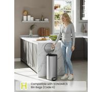 Songmics Kitchen Bin, Round Trash Bin With 15 Trash Bags, Removable Plastic Inner Bucket, 8 Gallons (30 L), Silver