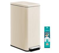 SONGMICS Kitchen Bin with Pedal, 13 Gallon (50 L) Slim Waste Bin with Soft-Close Lid, Removable Inner Bucket, Steel, 15 Rubbish Bags Included, Space-Saving, Cream White LTB350LZ02