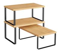 SONGMICS Kitchen Cupboard Organisers, Set of 3 Counter Storage Shelves, Stackable, Expandable Spice Racks, Metal and Engineered Wood, Ink Black and Natural Beige KCS014YL03