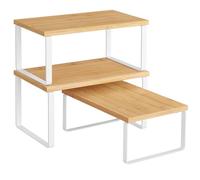 SONGMICS Kitchen Cupboard Organisers, Set of 3 Counter Storage Shelves, Stackable, Expandable Spice Racks, Metal and Engineered Wood, Cloud White and Natural Beige KCS014YL02