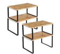 SONGMICS Kitchen Cupboard Organisers, Set of 4 Stackable Storage Shelves | Expandable Spice Racks, Steel and Bamboo, Black and Natural, BYSTRO Collection KCS10NBV1