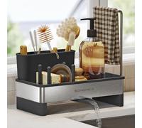 SONGMICS Kitchen Sink Caddy Tidy, Sink Organiser with Sponge Holder, Washing up Caddy for Brushes, Cloths, Soap, Stainless Steel, Space-Saving, Rotatable Spout, Ink Black and Silver KCS555BH01