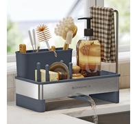SONGMICS Kitchen Sink Caddy Tidy, Sink Organiser with Sponge Holder, Washing up Caddy for Brushes, Cloths, Soap, Stainless Steel, Space-Saving, Rotatable Spout, Slate Grey and Silver KCS555GN01