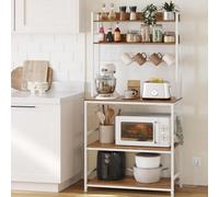 Songmics Kitchen Storage Rack, With Power Outlet, Baker's Stand, Wire Panel Hooks, Microwave Organizer, Rustic Walnut And White