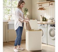 SONGMICS Large 2-Section Collapsible Laundry Hamper Fabric Bamboo Handles in White SONGMICS White