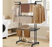 Songmics Large 4-Tier Foldable Clothes Airer, Indoor Outdoor Drying Rack With Folding Wings, Ink Black