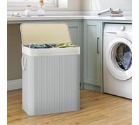SONGMICS Large Bamboo Laundry Basket 2 Sorting Compartments Removable Bag in Grey SONGMICS Grey