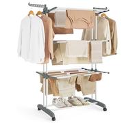 SONGMICS Large Clothes Airer, Foldable 4-Tier Drying Rack, Steel | Moveable Clothes Horse, 126.6 x 64.2 x 169.2 cm, Folding Wings, White and Grey, BUNJI Collection LLR701W01