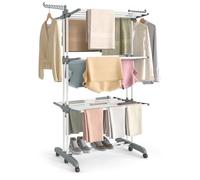 SONGMICS Large Clothes Airer, Foldable Clothes Drying Rack Horse 4-Tier, Moveable, 63.5 x 125.5 x 173 cm, Stainess Steel, Folding Wings, Indoor Outdoor Use, Cloud White and Dove Grey LLR703WZ02