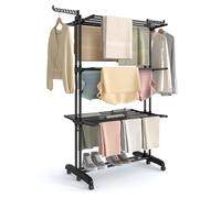 SONGMICS Large Clothes Airer, Foldable Clothes Drying Rack Horse 4-Tier, Moveable, 63.5 x 125.5 x 173 cm, Stainess Steel, Folding Wings, Indoor Outdoor Use, Ink Black LLR703BZ02