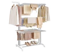 SONGMICS Large Clothes Airer, Foldable Clothes Drying Rack Horse 4-Tier, Moveable, 63.5 x 128 x 173 cm, Stainess Steel, Folding Wings, Indoor Outdoor Use, Silver and Cloud White LLR701EW01