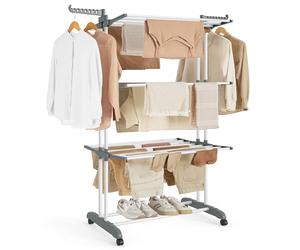 SONGMICS Large Clothes Airer, Foldable Clothes Drying Rack Laundry 4-Tier, Moveable, 64 x 126 x 172 cm, Stainess Steel, Folding Wings, Easy Assembly, Indoor Outdoor Use, White LLR701W01