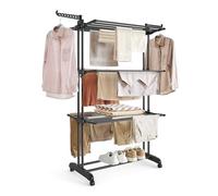 SONGMICS Large Clothes Airer, Foldable Clothes Drying Rack Laundry 4-Tier, Moveable Clothes Horse, 63.5 x 128 x 173 cm, Stainess Steel, Folding Wings, Indoor Outdoor Use, Ink Black LLR701B01