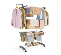SONGMICS Large Clothes Airer, Foldable Clothes Drying Rack Laundry 4-Tier, Moveable Clothes Horse, 64 x 126 x 172 cm, Stainess Steel, Folding Wings, Easy Assembly, Indoor Outdoor Use, White LLR701W01
