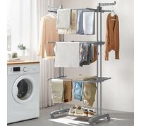 Songmics Large Clothes Airer, Foldable Clothes Drying Rack Laundry 4-Tier, Moveable Clothes Horse, Stainess Steel, Grey