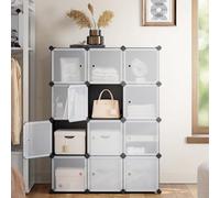 Songmics Large Cube Storage Unit, Stackable Plastic Cabinet, Bedroom Wardrobe Organizer With Doors, Black And White