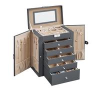 SONGMICS Jewellery Box 6 Tiers, Jewellery Case with 5 Drawers, Large Storage Capacity, with Mirror, Lockable, Jewellery Storage Organiser, Gift for Loved Ones, for Watches, Grey JBC152G01