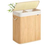 SONGMICS Laundry Basket, 100 L, Laundry Hamper with 2 Compartments, Laundry Bin with Lid, Bamboo, Foldable, Removable and Machine Washable Liner Bag, for Laundry Room, Bedroom, Natural LCB074Y01